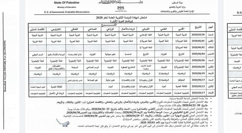 امتحان شهادة الدراسة الثانوية العامة لعام 2020 برنامج الدورة الاولى المناهج الفلسطينية